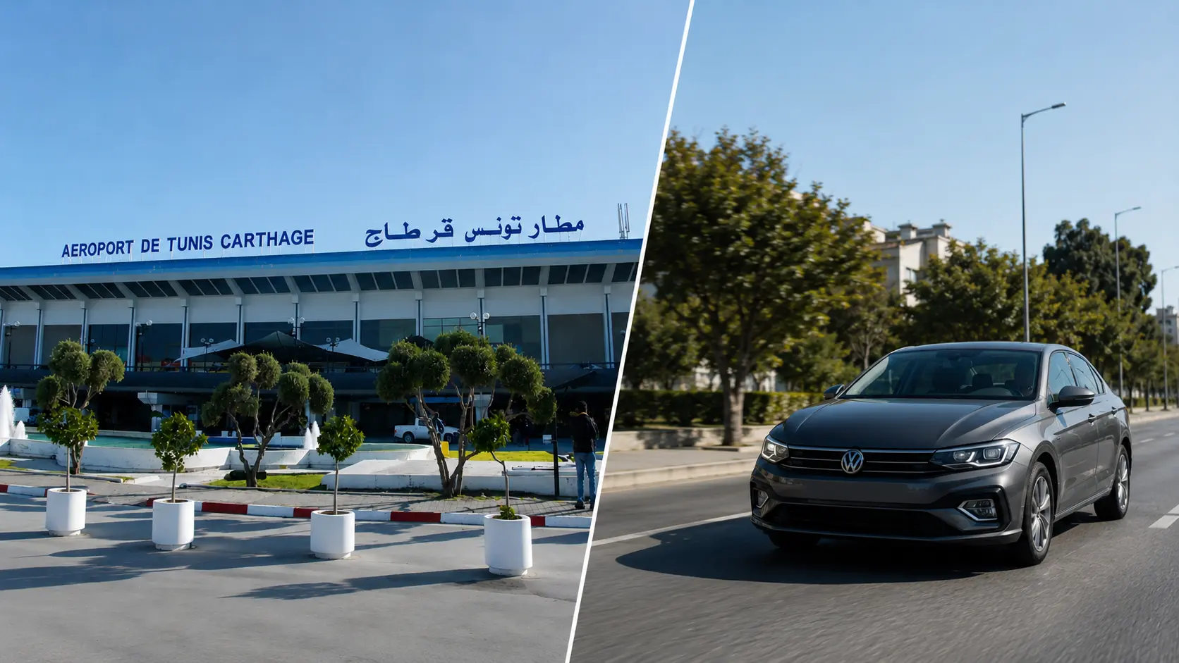 Berline noire de transfert privé circulant avenue Habib Bourguiba à Tunis